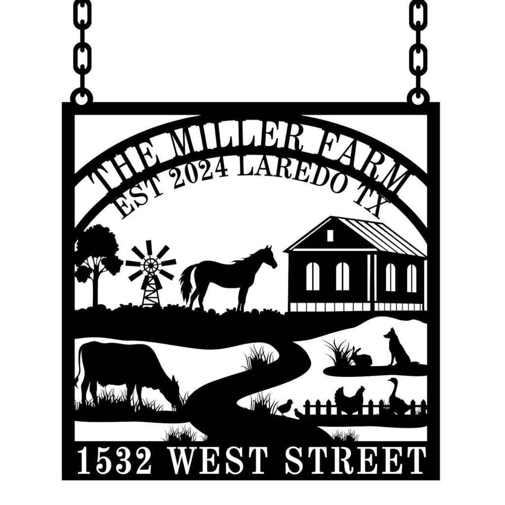 Custom outdoor metal farm sign with horse and cow silhouette for home address display