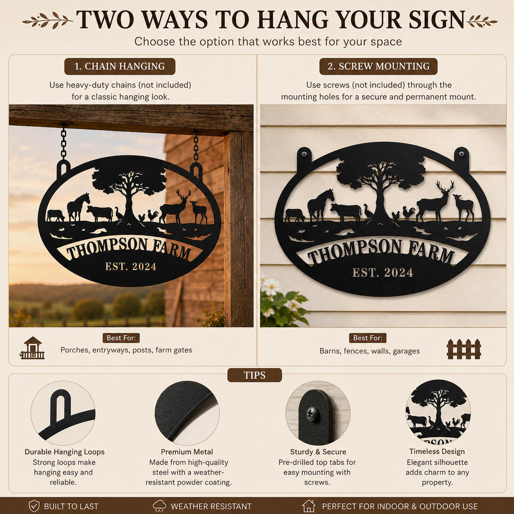 Easy installation guide for personalized metal farm sign with hanging chain or screw mounting options, suitable for barns, gates, fences, porches, and farmhouse walls.