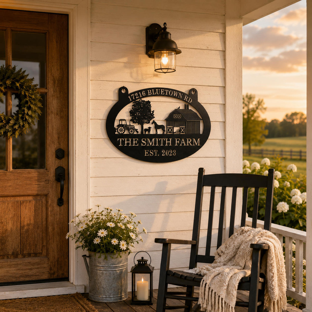 Personalized metal farm sign decorating a farmhouse front porch with rustic outdoor décor.