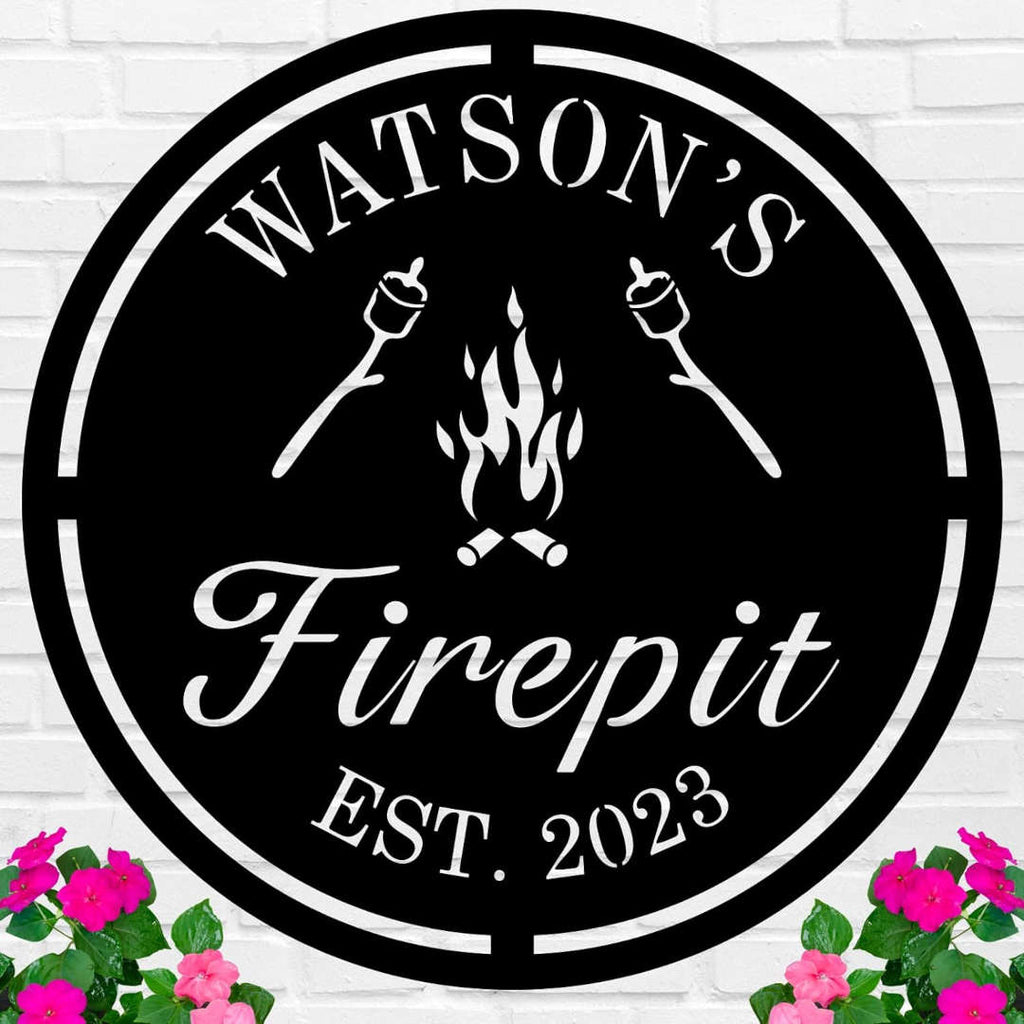 Custom firepit metal sign with flame design, roasting sticks, family name Watson’s Firepit, and established year 2023