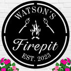 Custom firepit metal sign with flame design, roasting sticks, family name Watson’s Firepit, and established year 2023