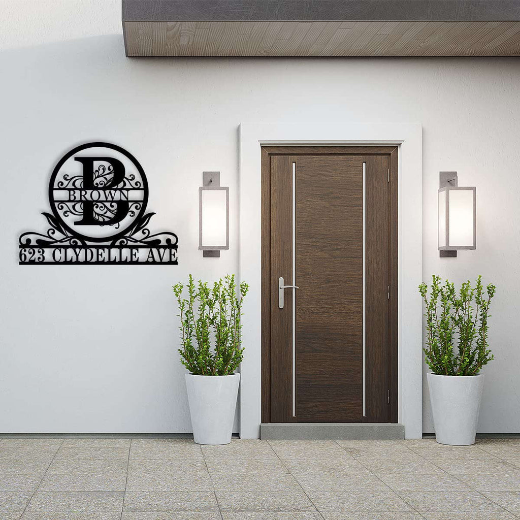 Custom metal address sign with initial, name, and street address