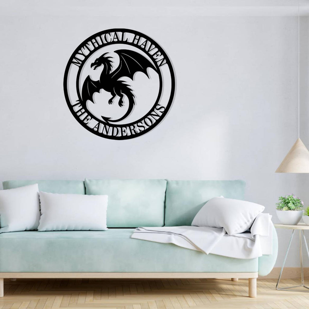 Custom flying dragon metal wall sign in black steel with personalized text, fantasy-themed decor for homes, man caves, or gaming rooms