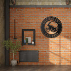 Black metal football helmet sign with personalized text "THE BROWN'S EST. 2024", laser-cut from steel and powder-coated, perfect for sports-themed home decor.