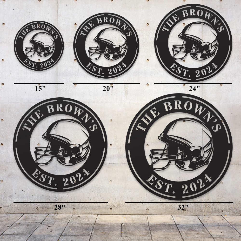Black metal football helmet sign with personalized text "THE BROWN'S EST. 2024", laser-cut from steel and powder-coated, perfect for sports-themed home decor.