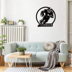 Laser-cut black steel football player metal sign with custom name "JOHNSON", featuring a dynamic running back pose, perfect for personalized sports room or man cave decor.
