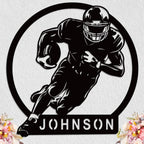 Laser-cut black steel football player metal sign with custom name "JOHNSON", featuring a dynamic running back pose, perfect for personalized sports room or man cave decor.