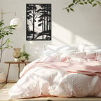 Forest metal wall art featuring woodland trees, river, and bird silhouette, laser cut from steel with powder coated finish, perfect rustic décor for cabins, homes, or outdoor spaces.