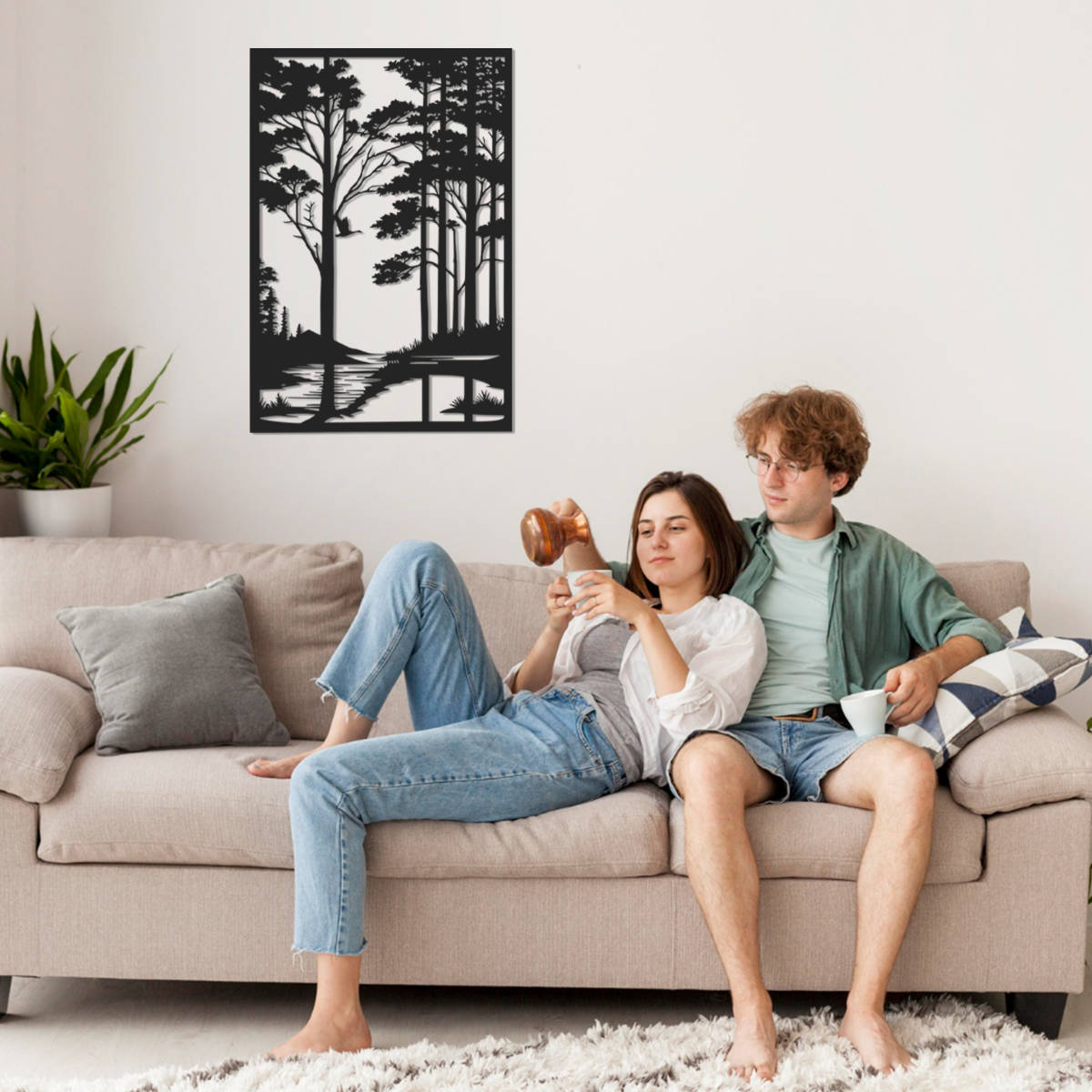 Forest metal wall art featuring woodland trees, river, and bird silhouette, laser cut from steel with powder coated finish, perfect rustic décor for cabins, homes, or outdoor spaces.