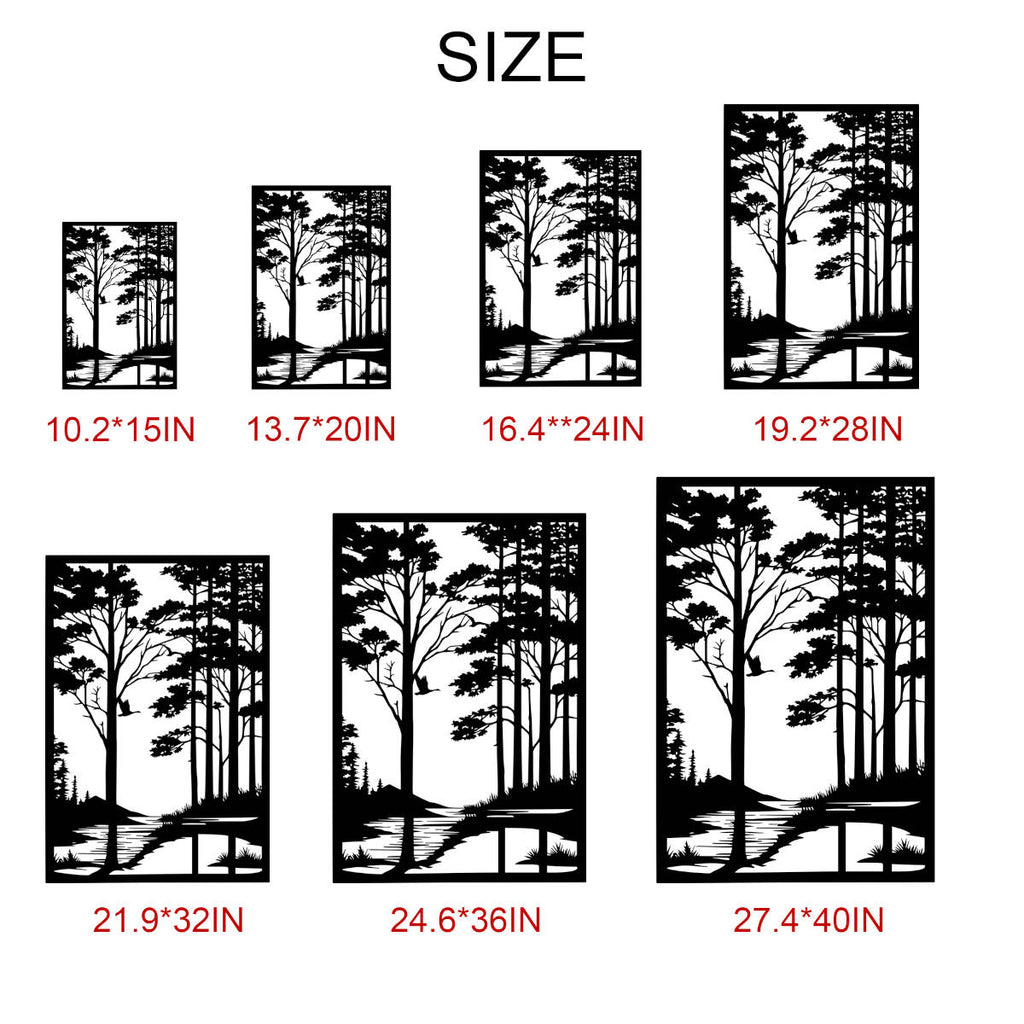 Forest metal wall art featuring woodland trees, river, and bird silhouette, laser cut from steel with powder coated finish, perfect rustic décor for cabins, homes, or outdoor spaces.