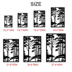 Forest metal wall art featuring woodland trees, river, and bird silhouette, laser cut from steel with powder coated finish, perfect rustic décor for cabins, homes, or outdoor spaces.