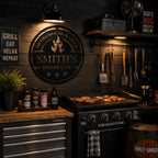 Custom metal barbecue sign displayed in a stylish garage grilling area with BBQ equipment.