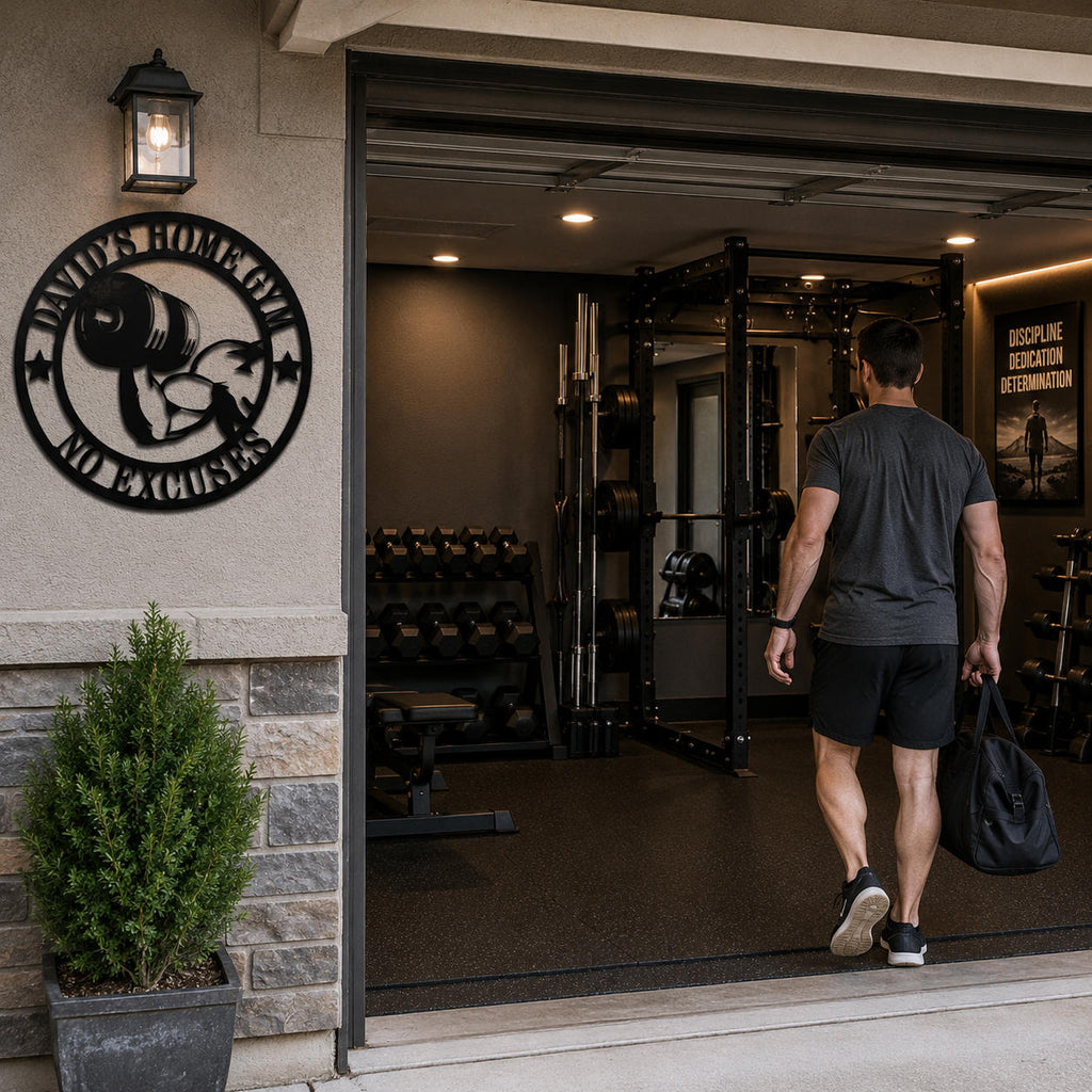 Personalized metal home gym sign decorating the entrance of a private garage gym.