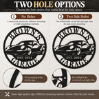 Personalized garage metal sign comparison showing no-hole and two-side-hole mounting options.