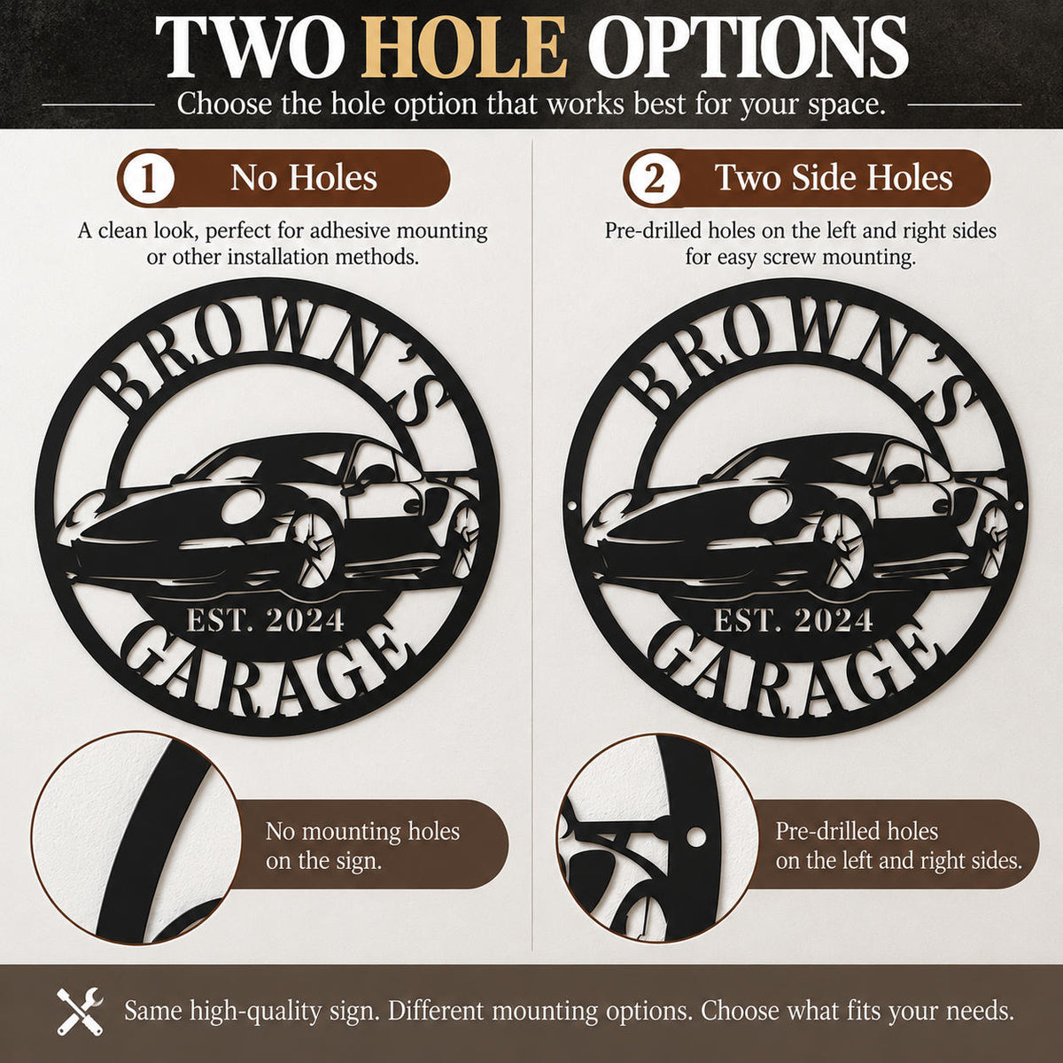 Personalized garage metal sign comparison showing no-hole and two-side-hole mounting options.