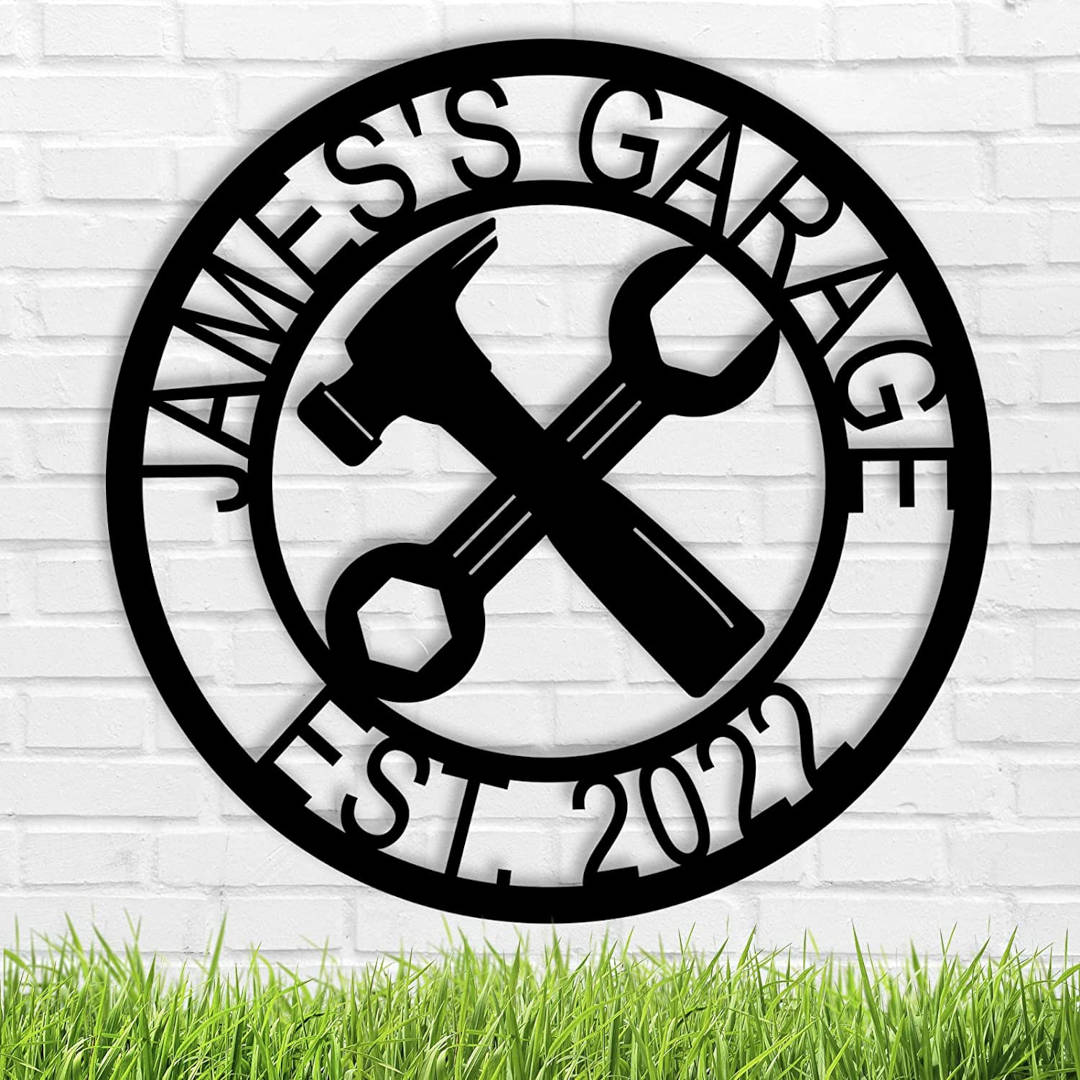 Personalized metal garage sign with custom name and crossed tools design Main image
