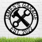 Personalized metal garage sign with custom name and crossed tools design