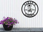 Custom metal garden sign with flower pot design and personalized name, laser-cut and powder-coated for outdoor decor