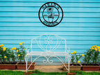 Custom metal garden sign with flower pot design and personalized name, laser-cut and powder-coated for outdoor decor