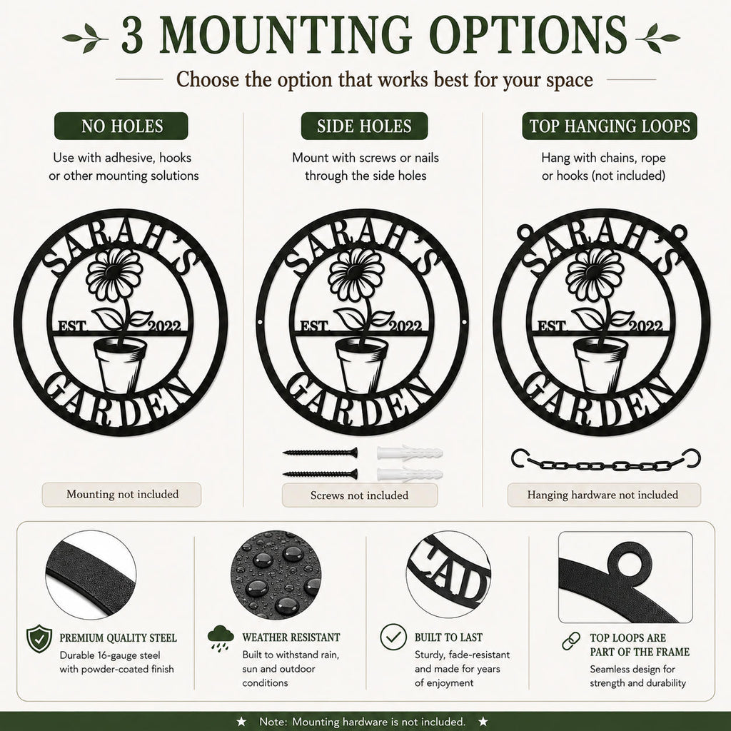 Personalized garden metal sign showing no holes, side holes, and top hanging loop mounting options.