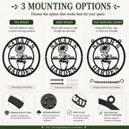 Personalized garden metal sign showing no holes, side holes, and top hanging loop mounting options.