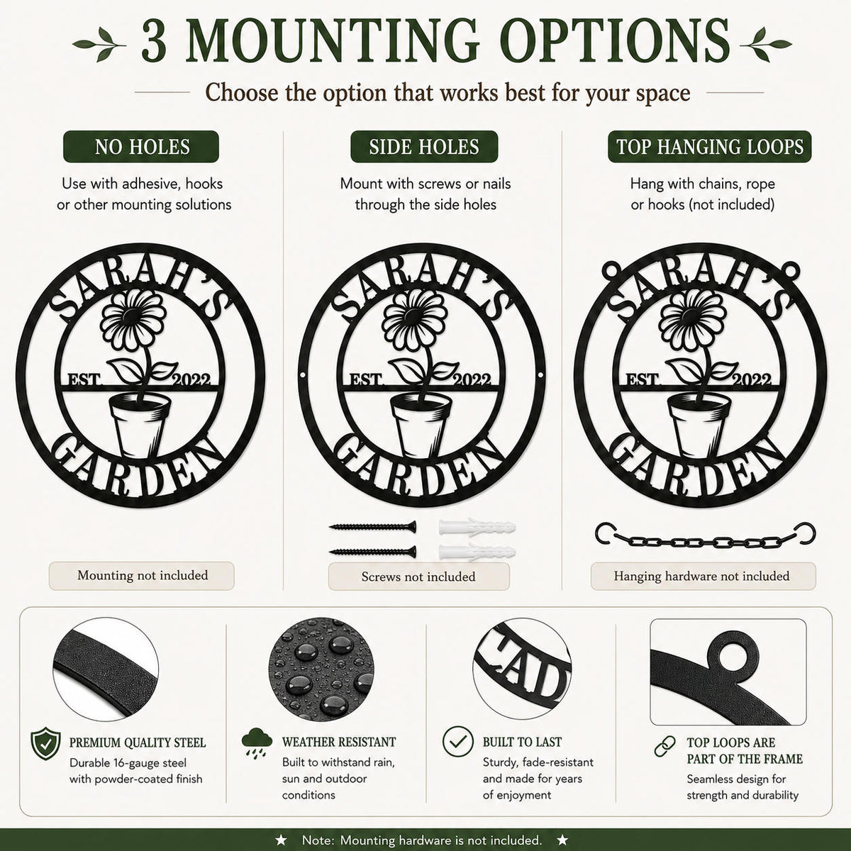 Personalized garden metal sign showing no holes, side holes, and top hanging loop mounting options.