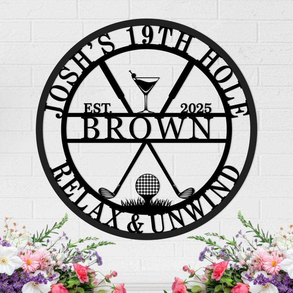 Custom steel golf bar wall sign with personalized name and date, martini glass, golf clubs, and ball design – powder coated decor for golf lovers
