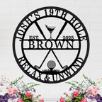 Custom steel golf bar wall sign with personalized name and date, martini glass, golf clubs, and ball design – powder coated decor for golf lovers