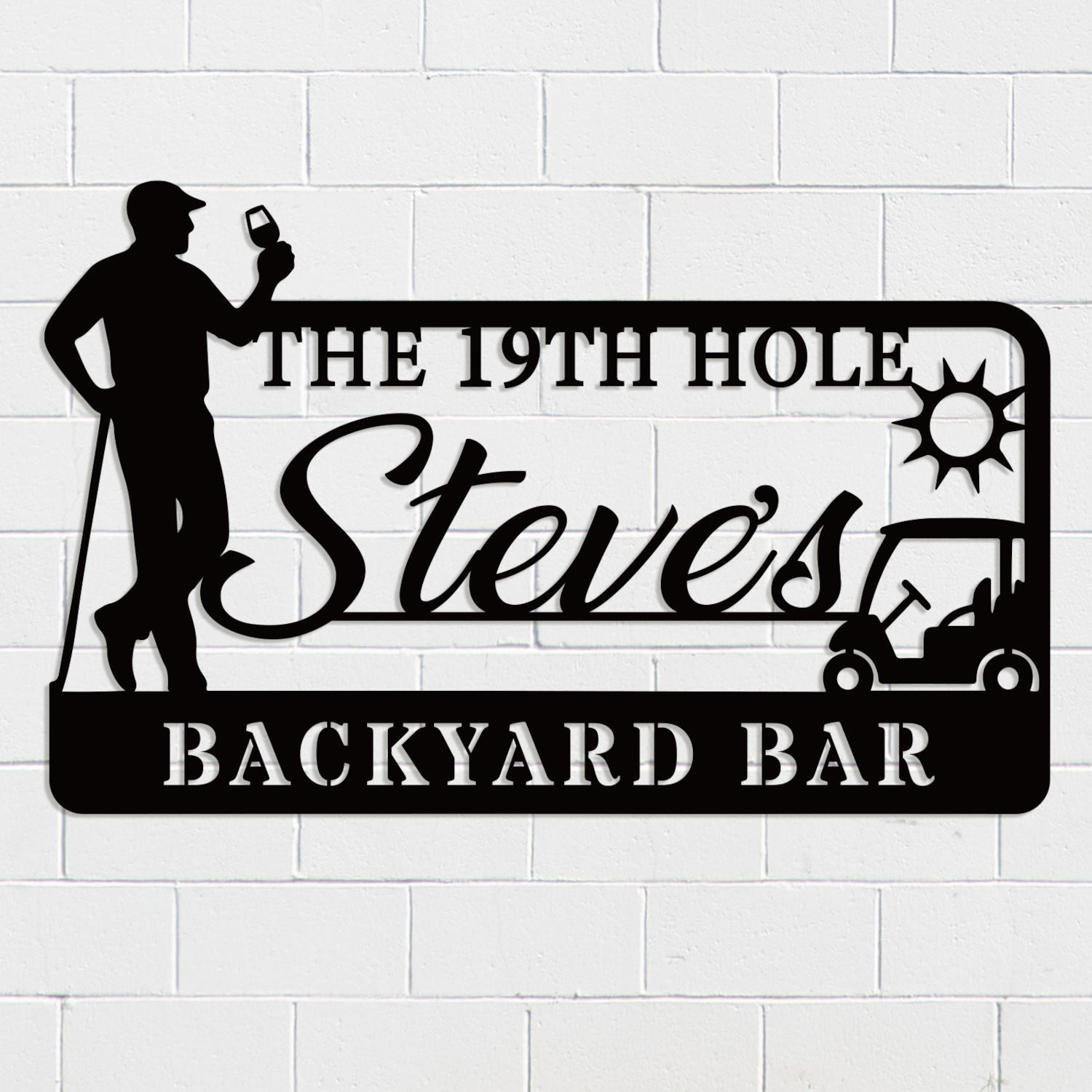 Custom golf bar metal sign with silhouette golfer, drink, golf cart, sun, and personalized name – black powder-coated wall decor Main image