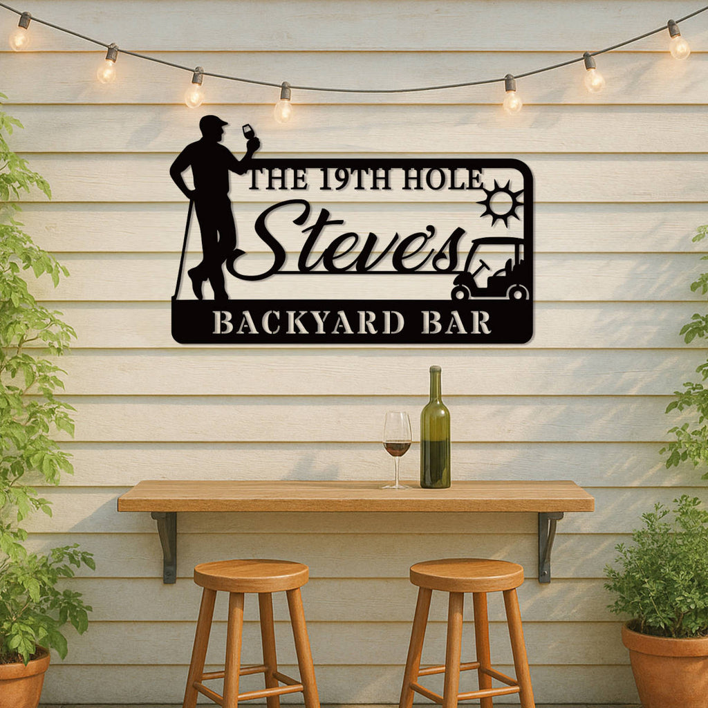 Custom golf bar metal sign with silhouette golfer, drink, golf cart, sun, and personalized name – black powder-coated wall decor