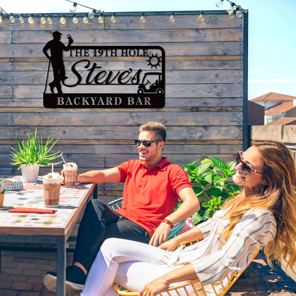 Custom golf bar metal sign with silhouette golfer, drink, golf cart, sun, and personalized name – black powder-coated wall decor