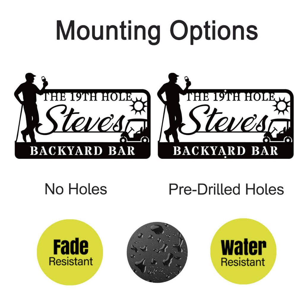 Custom golf bar metal sign with silhouette golfer, drink, golf cart, sun, and personalized name – black powder-coated wall decor