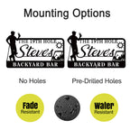 Custom golf bar metal sign with silhouette golfer, drink, golf cart, sun, and personalized name – black powder-coated wall decor