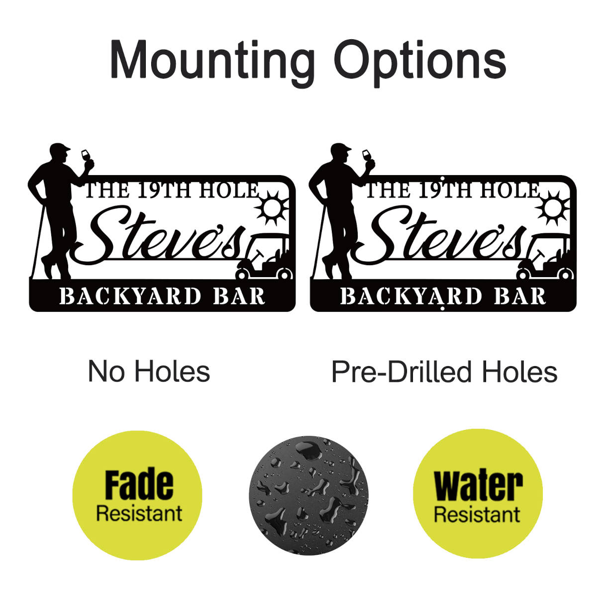 Custom golf bar metal sign with silhouette golfer, drink, golf cart, sun, and personalized name – black powder-coated wall decor