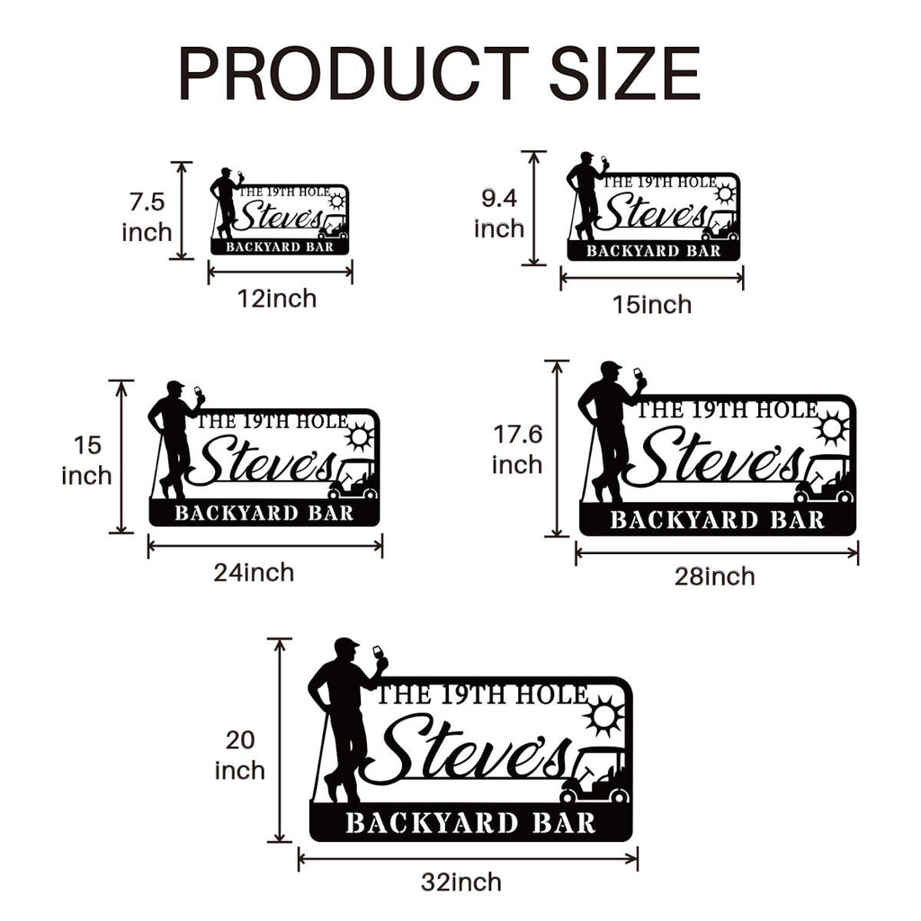 Custom golf bar metal sign with silhouette golfer, drink, golf cart, sun, and personalized name – black powder-coated wall decor