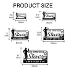 Custom golf bar metal sign with silhouette golfer, drink, golf cart, sun, and personalized name – black powder-coated wall decor