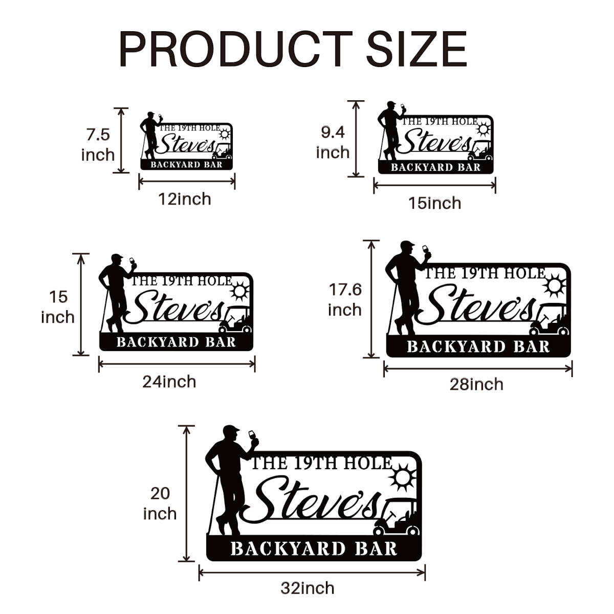Custom golf bar metal sign with silhouette golfer, drink, golf cart, sun, and personalized name – black powder-coated wall decor