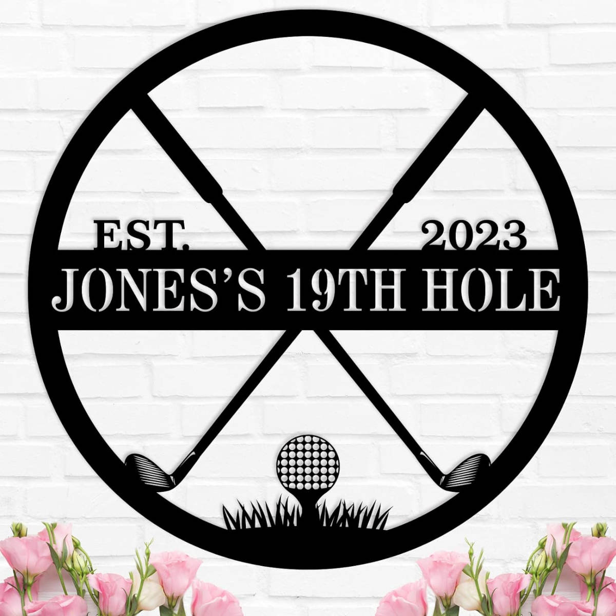 Custom golf 19th hole metal sign with crossed clubs and tee, personalized with name and year, laser-cut steel wall art for golf lovers and home bar decoration Main image