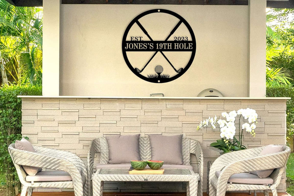 Custom golf 19th hole metal sign with crossed clubs and tee, personalized with name and year, laser-cut steel wall art for golf lovers and home bar decoration