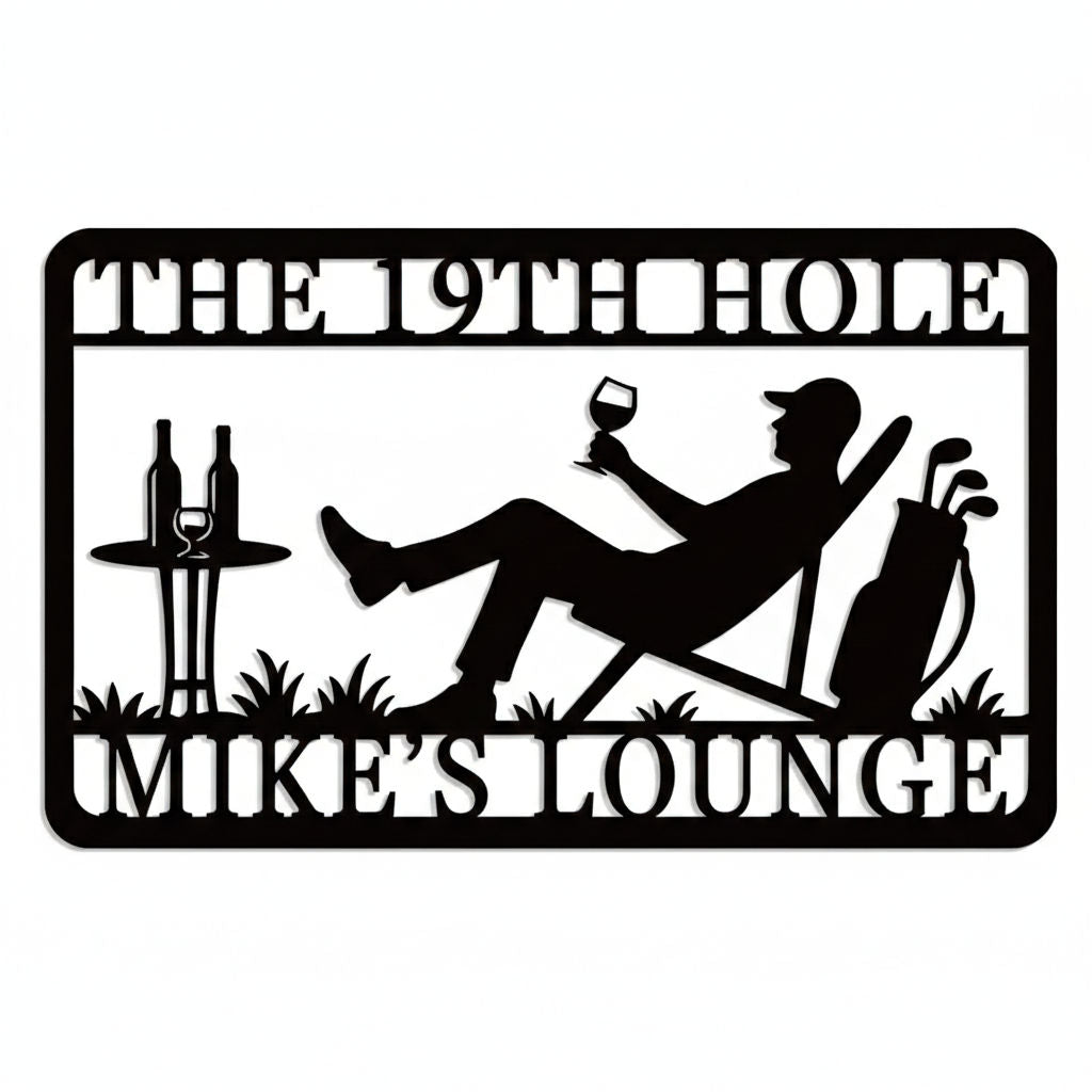 Custom golf metal wall sign with lounging golfer, wine glass, golf bag, and personalized text option, laser-cut from steel and powder-coated for outdoor use