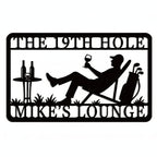Custom golf metal wall sign with lounging golfer, wine glass, golf bag, and personalized text option, laser-cut from steel and powder-coated for outdoor use