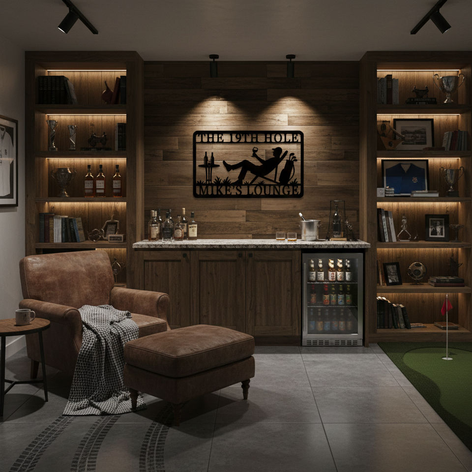 Custom golf metal wall sign with lounging golfer, wine glass, golf bag, and personalized text option, laser-cut from steel and powder-coated for outdoor use