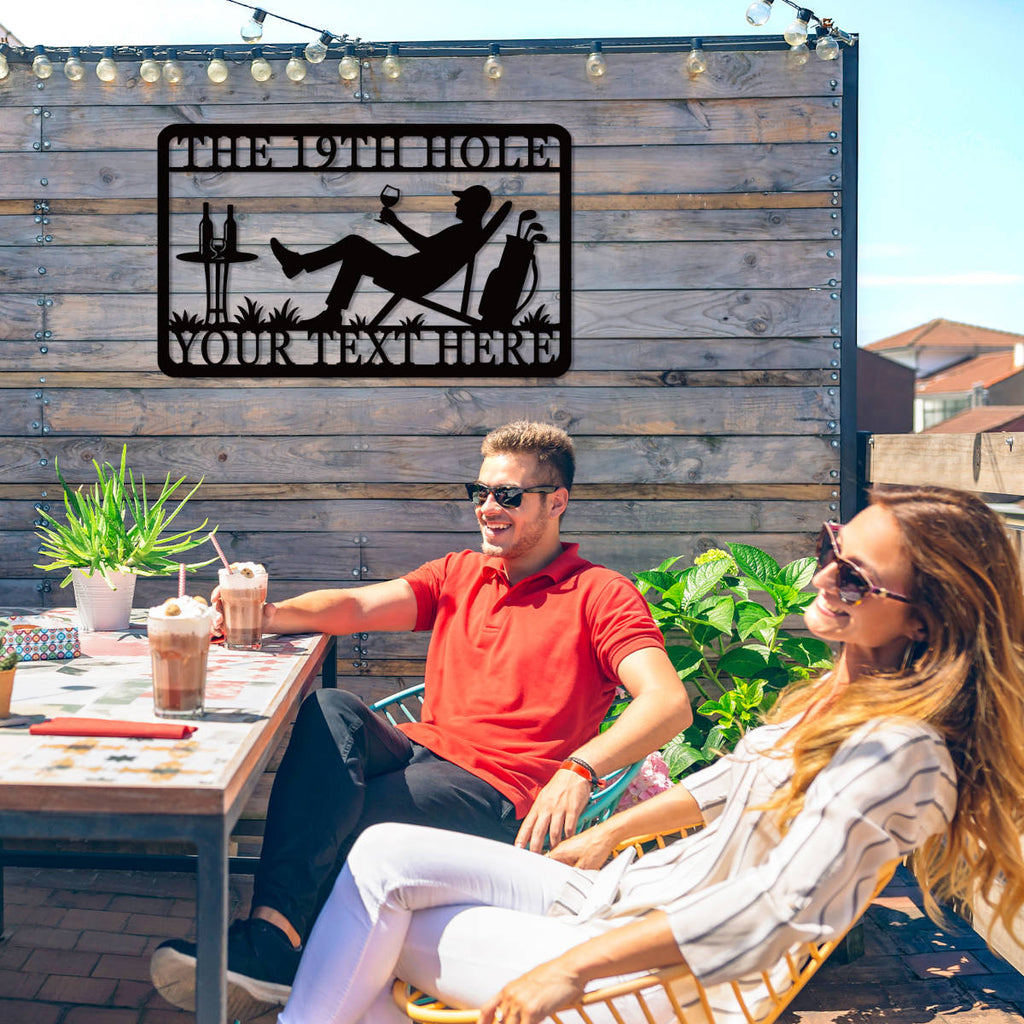 Custom golf metal wall sign with lounging golfer, wine glass, golf bag, and personalized text option, laser-cut from steel and powder-coated for outdoor use