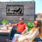 Custom golf metal wall sign with lounging golfer, wine glass, golf bag, and personalized text option, laser-cut from steel and powder-coated for outdoor use