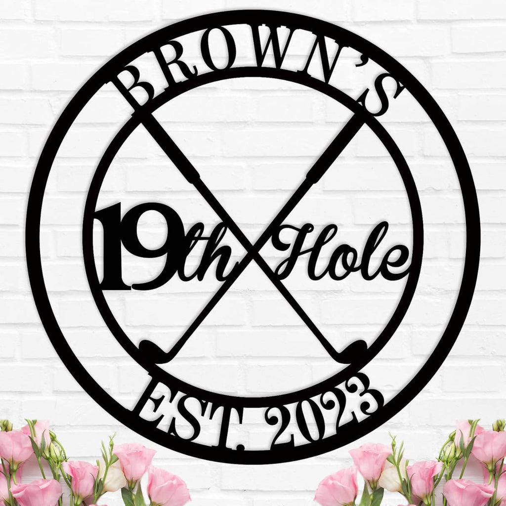 Round custom metal golf sign featuring crossed golf clubs and "19th Hole" text, personalized with name and established year, made from durable powder-coated steel.
