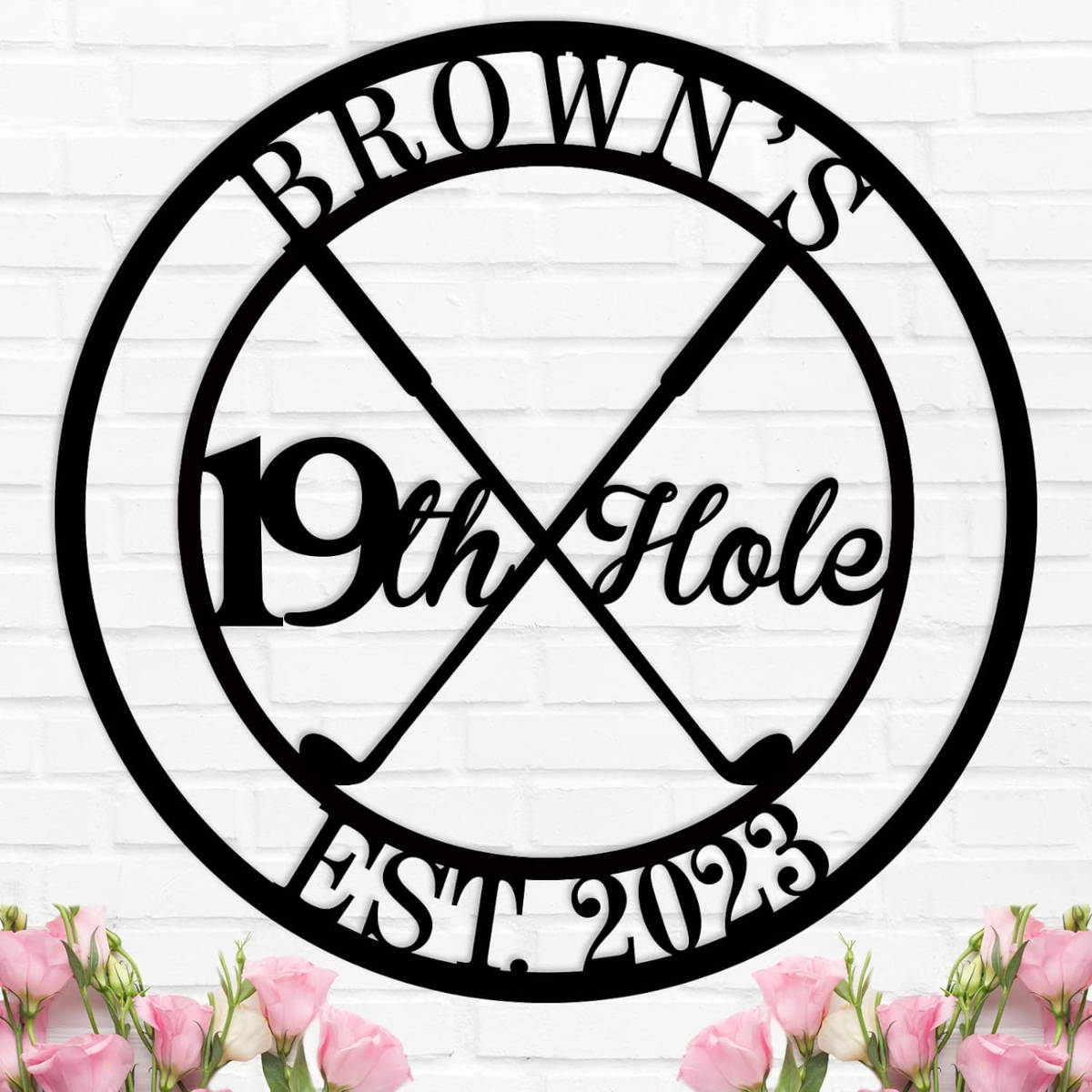 Round custom metal golf sign featuring crossed golf clubs and "19th Hole" text, personalized with name and established year, made from durable powder-coated steel.