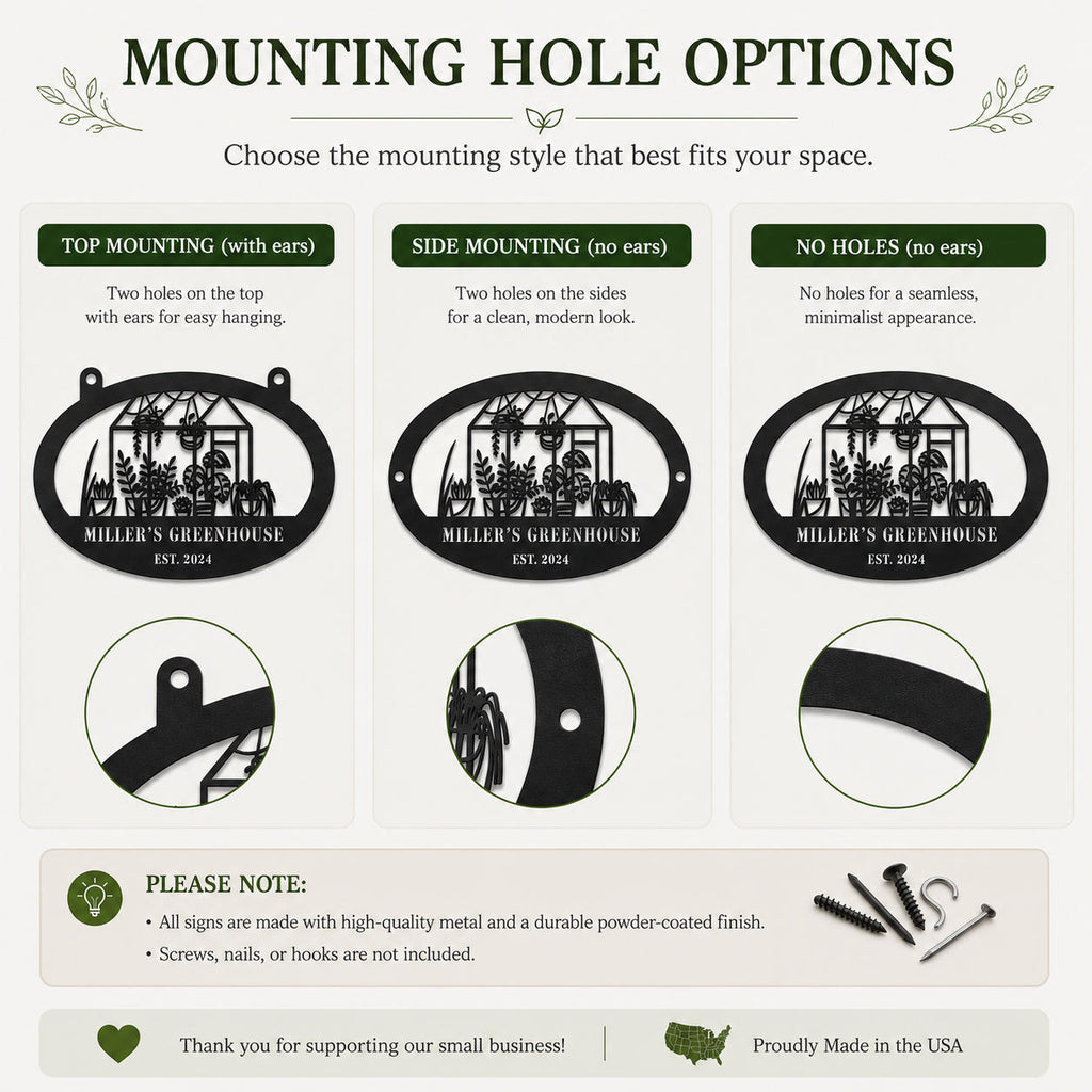 Greenhouse metal sign mounting options showing top hanging holes with ears, side mounting holes without ears, and a no-hole option.