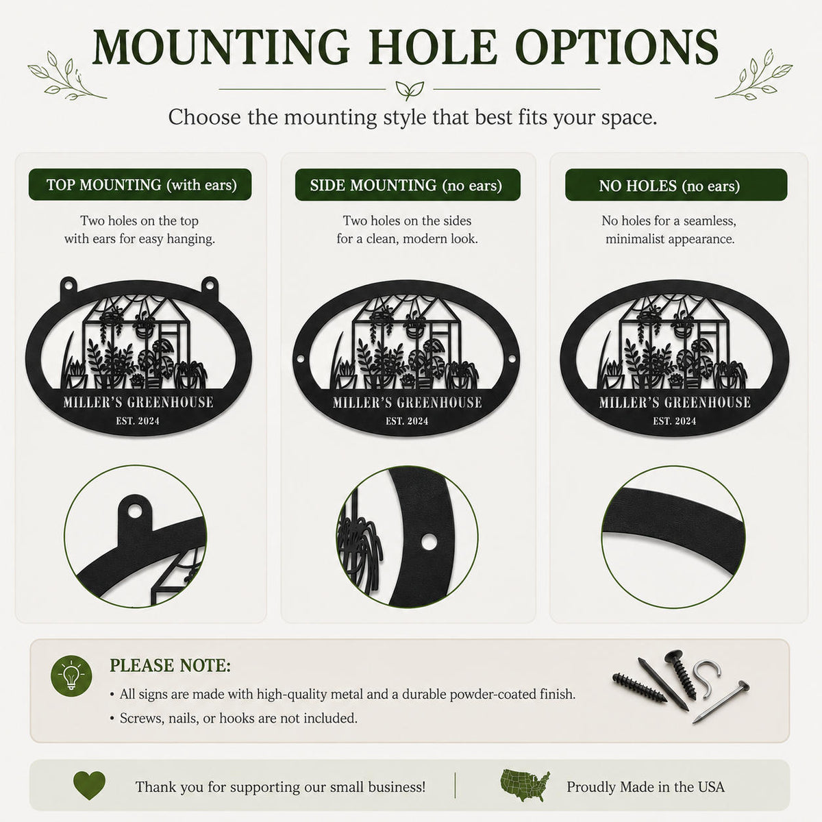 Greenhouse metal sign mounting options showing top hanging holes with ears, side mounting holes without ears, and a no-hole option.