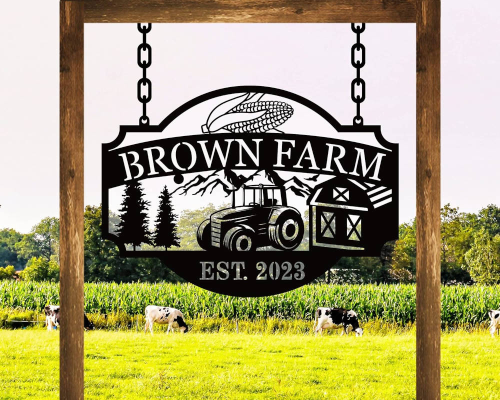 Custom farm tractor metal sign with personalized farm name and established year, steel farmhouse wall decor for barn or ranch