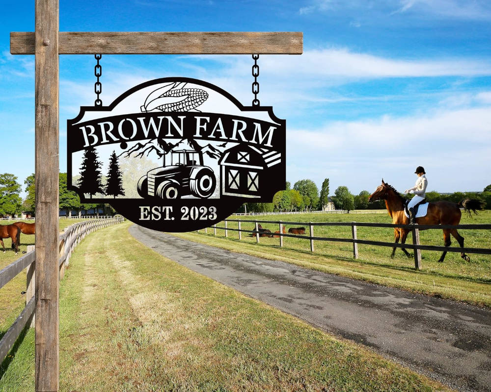 Custom farm tractor metal sign with personalized farm name and established year, steel farmhouse wall decor for barn or ranch